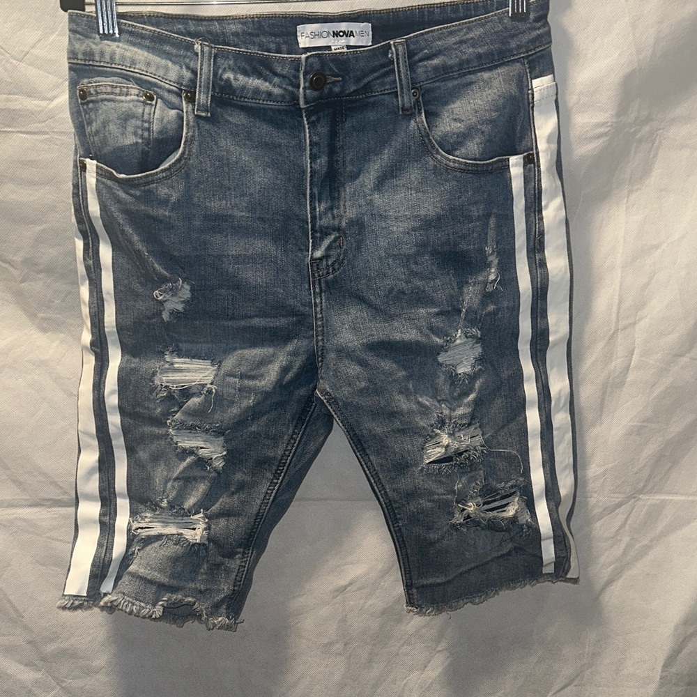 Distressed Denim Shorts with White Side Stripes